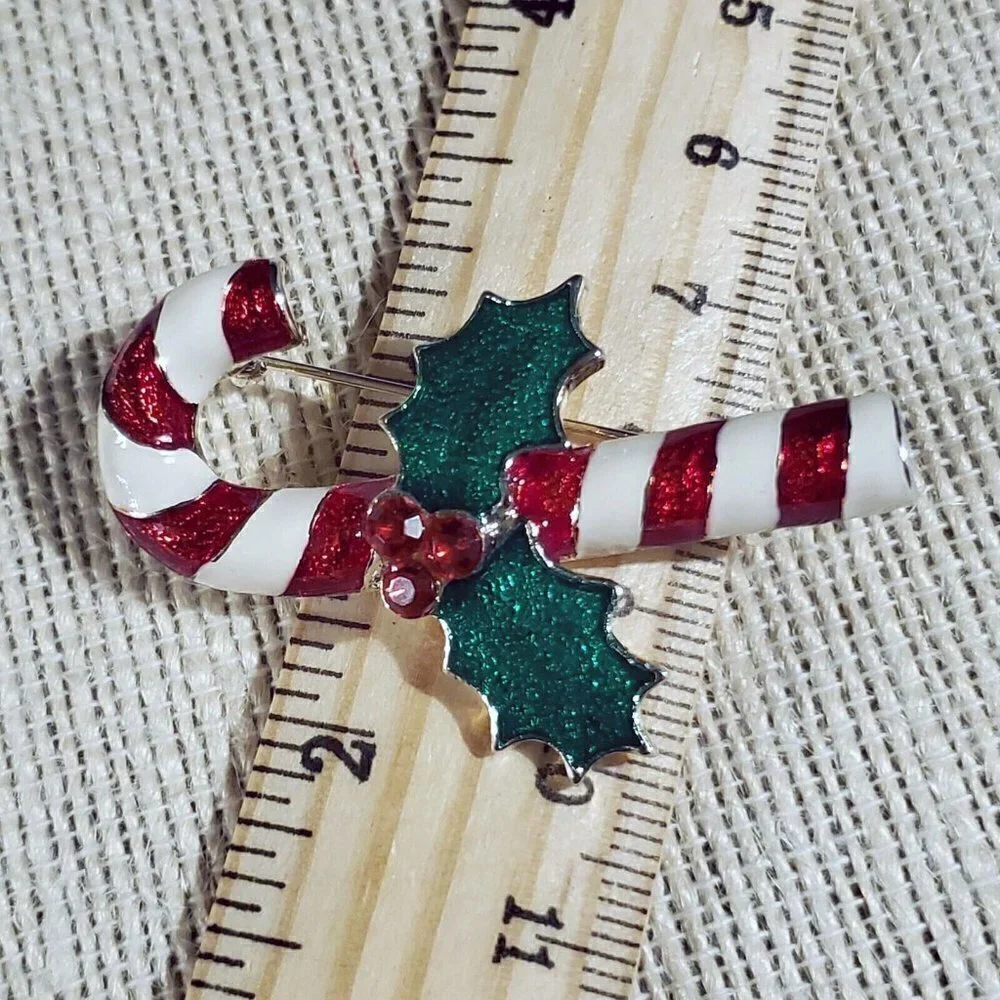 Y2K 90s Christmas Red White Candy Cane Holly Silver Enamel Sweater Pin Brooch